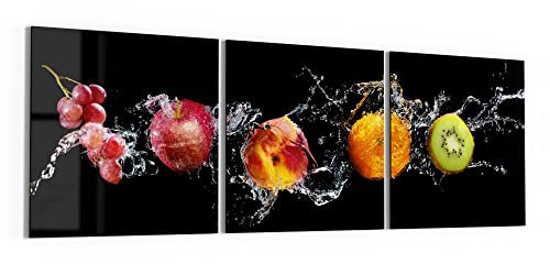 DEQORI Glasbilder Echtglas | Motiv Obst abwaschen | horizontal 3-teilig 150x50 cm | große XXL Deko | Wandbilder für Wohnzimmer, Schlafzimmer, Flur & Küche | moderne Wanddeko