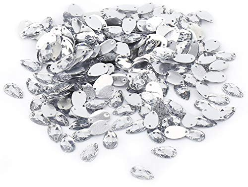 200 Stück Tropfenform Harz Flatback, Tropfen Pailletten Aufnähen Strasssteine Nähen mit Doppellöchern Dekoration (Weiss)