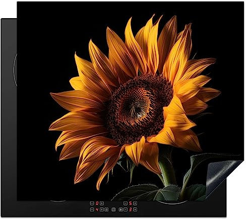 KitchenYeah© Herdabdeckplatte Einteilig Ceranfeld Abdeckplatte für Induktionsschutz Ceranfeldabdeckung Vinyl Herdabdeckplatten Blumen - Botanik - Schwarz - Sonnenblume - Gelb - 60x52 cm