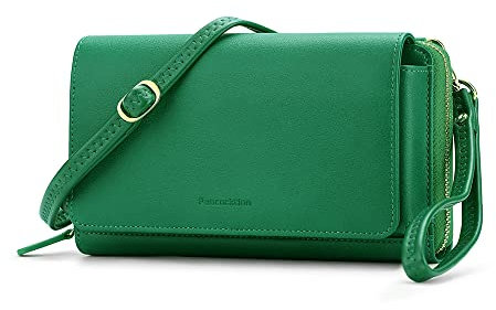Peacocktion Damen Umhängetasche, Kleine Crossbody Taschen Schultertasche, Handgelenkstaschen Geldbörse mit Crossbody und Handgelenk 2 Riemen, Handytasche zum Umhängen mit Kartenhalter, 01-Dunkel Grün