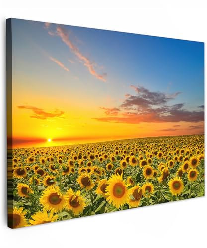 MuchoWow© Bild auf Leinwand 70x50 cm Schlafzimmer Bilder Wand Deko Wohnzimmer Modern Wanddeko Bilderwand Geschenk Natur - Blumen - Sonnenblume - Sonnenuntergang - Nacht - Orange