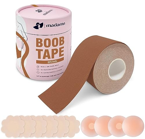 Farla Medical Madamn Boob Tape Set for Women, 5m Extra Long Roll Boobtapes with Nipple Covers, Adhesive Bra for Multipurpose, Breast Lift & Support for any Occasion - Brown - 1 Pack