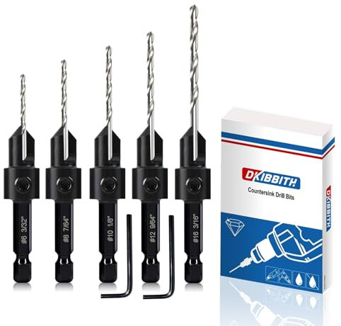 5-teiliges Kegelsenkerbohrer-Set, 3-in-1 Holzbearbeitung Senklochbohrer für #6, 8, 10, 12, 16 Schrauben, tiefenverstellbar, M2-Pilotbohrer, 82-Grad-Fase, 1/4-Zoll-Sechskantschaft, 2 Inbusschlüssel