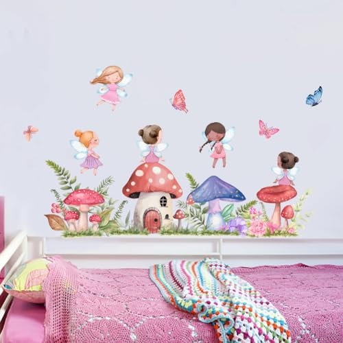 SUPERDANT Feen Pilz Wandaufkleber Aquarell Schmetterling Elfen Wandkunst Aufkleber Blumen Gras Wandaufkleber Für Schlafzimmer Kinderzimmer Klassenzimmer Wanddekoration Waldästhetische Boho Kunst