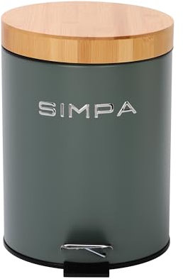 simpa 5L 5 Litre Matt Green Slim Soft-Closing Pedal Dustbin with Bamboo Lid