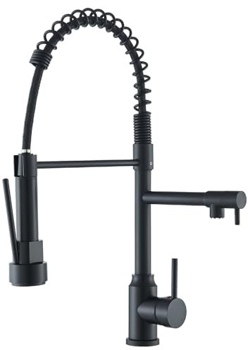 TVTIUO Robinet de cuisine avec ressort en spirale, robinet et douche amovible, orientable à 360 °, multifonction, mitigeur monocommande, pour cuisine, évier, noir
