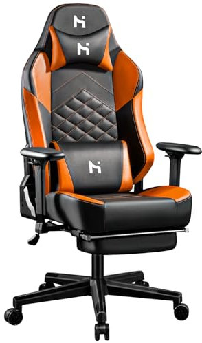 HLFURNIEU Silla Gaming Ergonómica, Silla Gamer con Reposapiés Telescópico, Sillas Gaming Regulable en Altura, Cadeira Gaming con Reposacabezas y Soporte Lumbar, Sillon Gamer Negro y Naranja