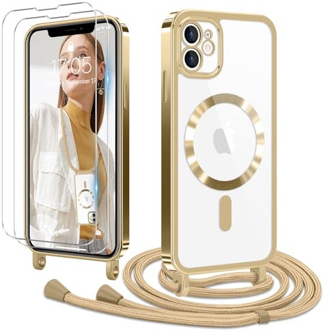 Ethanger Handyband für iPhone 11 Hülle mit Band + 2 Stück Glas Schutzfolie Transparent Silikon Handyhülle Magnetische Schutzhülle Case zum Kordel Abnehmbar für iPhone 11 Gold