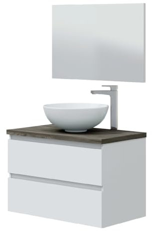 Mobile bagno 80 cm sospeso con lavabo da appoggio bacinella ceramica 2 cassetti BIANCO LUCIDO + OLMO 305734B