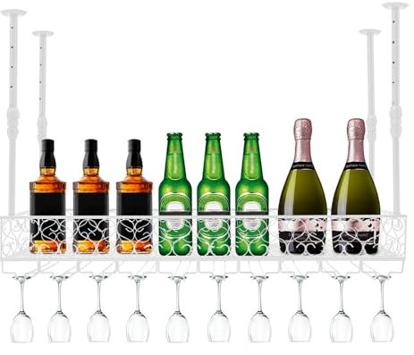 QUIOTUIR Deckenregal, Decke Weinregale, Weinregal Höhenverstellbare Tragfähigkeit: 50kg Fasst 30 Weingläser und 20 Flaschen Wein Hängender Weinglas-Organisator 100X30X30cm (Weiß)