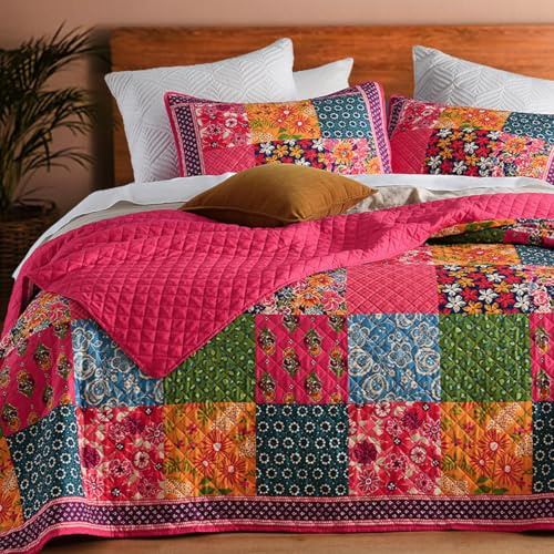 TEXSTEAD Tagesdecke Steppdecke Bettüberwurf mit 2 Kissenbezügen | Leichte Allseason-Decke (229x229 cm), 2x Kissenbezüge (51x76 cm), Beidseitig dekorative Tagesdecke Schlafzimmer, Rot