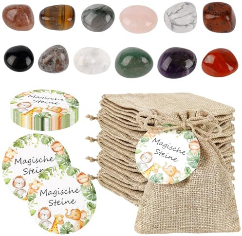 JABNOW 12 Stück Glückssteine für Kinder,Glücksbringer Steine mit Jutesäckchen und Waldtier Etikette,Magische Steine Kindergeburtstag Mitgebsel Edelsteine für Party,Weihnachtstag-36 Stück