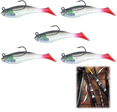 5 Pcs Fishing Lures, 3D Eyes Soft Bait With Single Hook, Artificial Lure Accessories, Big Tail Jig Head Silicone Swimbait Set for Sea Bass Pike Trout Perch