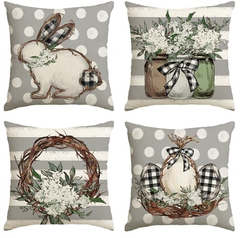 Artoid Mode Striefen Tupfen Hasen Blumen Ostereier Ostern Kissenbezüge 4er Set, 50x50 cm Frühling Easter Zierkissenbezug Couch Wohnzimmer Deko