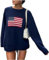 CheJooe Suéter vintage Y2k para mujer, diseño de bandera americana, casual, manga larga, con estampado de bandera de Estados Unidos, A-azul marino., XL