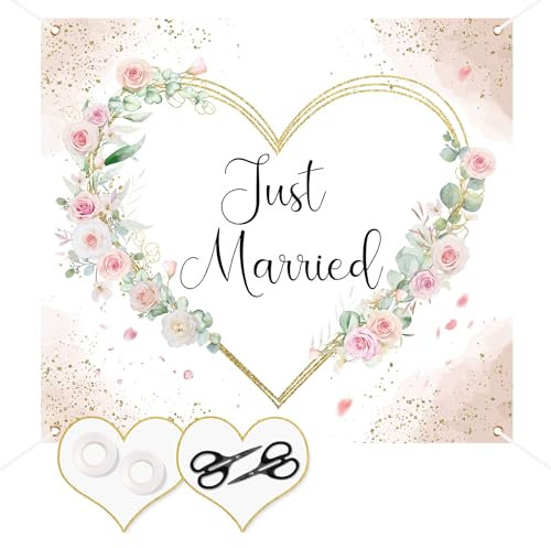 Lemicin Hochzeitsherz zum Ausschneiden 200x180cm, Herz zum Ausschneiden Hochzeit, Just Married Laken Hochzeit mit 2 Scheren für das Brautpaar Hochzeitsherz Hochzeitsdeko