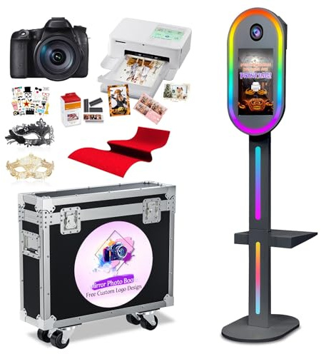 Magic Mirror Photo Booth 15.6 Inch with RGB Light, DSLR Photobooth Machine Selfie Portable Touch Screen Camera with Flight Case for Wedding Party Events (Black, 15.6+Camera+Mini Printer)