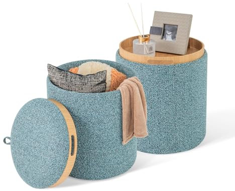 RELAX4LIFE Sitzhocker 2er Set, Runder Hocker mit Stauraum, Klappdeckel, seitlichen Griffen & gepolstertem Sitz, Ottomane aus Stoff, Fußhocker & Beistelltisch für Wohnzimmer Schlafzimmer, Himmelblau