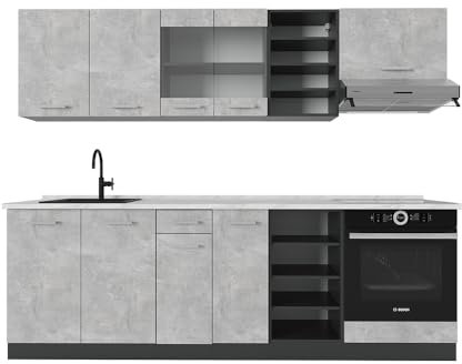 Vicco Küchenzeile R-Line, Küchenblock, Beton/Anthrazit, 240 cm, AP Marmor