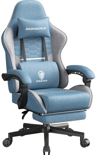 Dowinx Chaise de gaming - Coussin de printemps - Chaise de bureau respirante en tissu de qualité supérieure - Ergonomique - Avec appui-tête - Chaise de bureau pivotante avec repose-pieds - Bleu