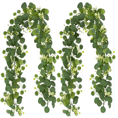 DqiUnaX 2 Eukalyptus Girlanden, Künstliche Efeu Girlande Mit Blumen, Eucalyptus Deko Für Fenster, Türen Und Wände, Blumengirlande Aus Kunststoff, 20 X 18 X 5 cm