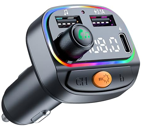 Transmisor FM Bluetooth Coche, Adaptador Bluetooth Radio Coche,Manos Libres | Radio Inalámbrica 5.0, Reproductor MP3, Soporte de Graves Hi-Fi, Con luz Ambiental