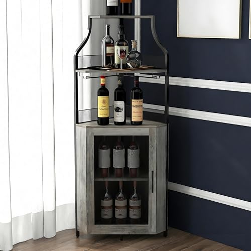 JOLLYTOP Eck-Weinschrank 154 cm – Bar Schrank Im Industrial Design Mit Glashalter, Gittertür & Verstellbaren Regalen – Platzsparender Eck-Barschrank Für Wohnzimmer, Küche & Esszimmer, Grau