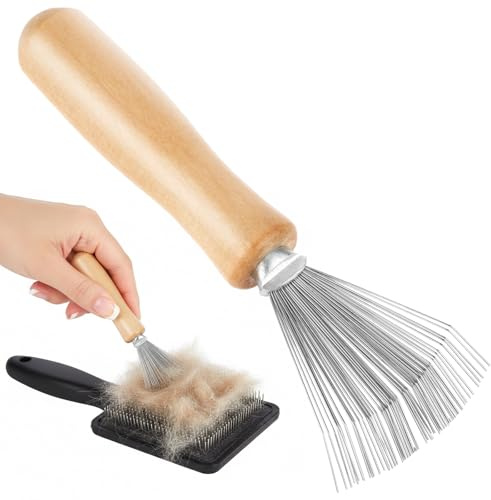Molain Hair Brush Cleaner Tool, Mini Rake Hairbrush with Wooden Handle & Stainless Steel Teeth, Quick Remover for Hair Lint from Combs and Brushes Home Salon Use