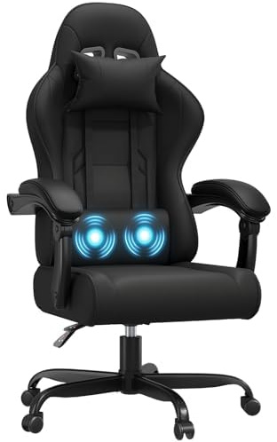 JUMMICO Gaming Chair with Massage Function,Racing Desk Chair Style High Back Reclining 135°, PU Leather Home Office PC Gaming Chair 150 kg - Black