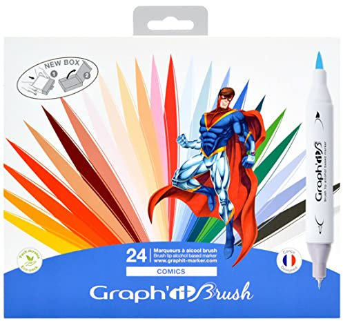 GRAPH’IT Marqueurs Couleurs - Set de 24 Marqueurs à Alcool Double Pointe - Illustration, Manga, Comics - Pointe Extra-Fine et Pinceau - Couleurs Éclatantes et Rechargeables - Brush Marker