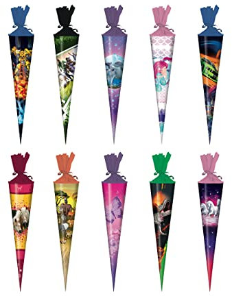 6x Schultüte / Zuckertüte / Länge: 25cm / rund / 6 verschiedene Motive