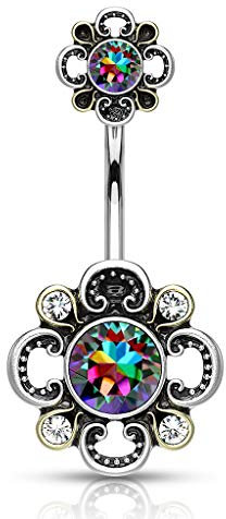 beyoutifulthings Bauch-nabelpiercing Filigrane Blume 6 Zirkonia Nabel-Piercing Chirurgenstahl Bananabell Silber Bunt Stab 1,6/10mm