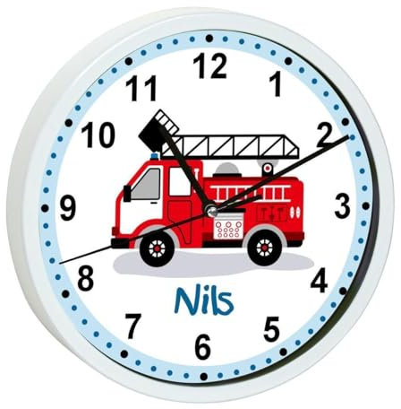 CreaDesign, Wanduhr für Kinderzimmer Feuerwehr Drehleiter, Kinderuhr weiß mit Quarz Uhrwerk, personalisiert mit Name, Durchmesser 19,5 cm