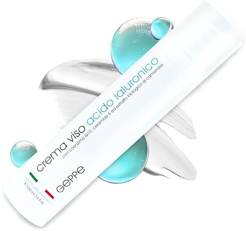 100ml. Bio Crema Viso Acido Ialuronico a 3 Pesi Molecolari - Crema Idratante Viso, Notte e Giorno per Uomo e Donna. Illuminante e Idratante, Ottima come Crema Contorno Occhi. Skincare Made in Italy