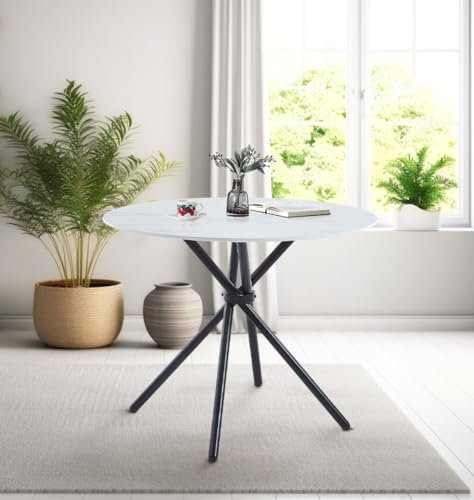 Hallowood Furniture Cullompton Kleiner Esstisch Runder Esstisch Weiß Marmor Effekt Esstisch mit schwarzen Metallbeinen Küchentisch Kleiner Tisch für Zuhause und Café (90cm)