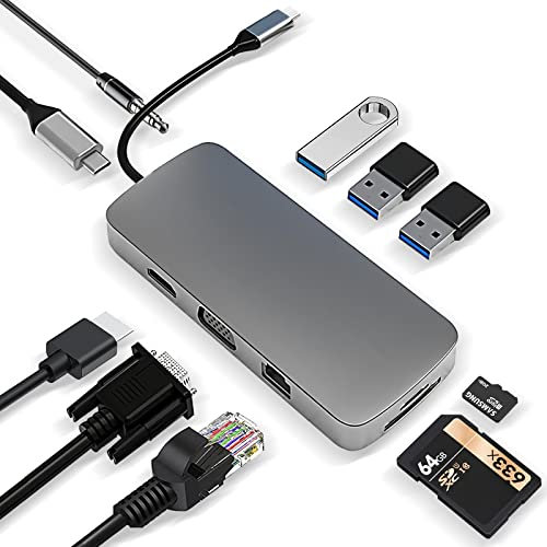 USB C HUB, Docking Station, USB C Adapter 10 in 1 with 4K HDMI, VGA, 100W PD, USB 3.0 Port, RJ45 Ethernet, SD/TF and 3.5mm AUX, Compatible with MacBook Pro/Air USB C Laptops and More Type C Devices