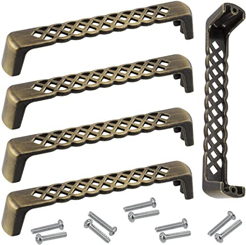 AERZETIX - C64405 - Juego de 5 tiradores para mueble distancia entre ejes 128mm estilo vintage - puerta armario alacena cajón decoración cocina montaje cómoda rústico - en metal - color oro envejecido