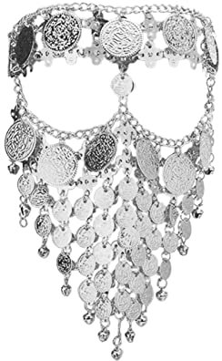 Dickly Cosplay Bauchtanz Gesicht Münzschleier, Dreieck Armbänder Kopf Kette Frauen Maskerade Maske zur Dekoration Maskerade Abschlussball Urlaub Ornament, ARGENT