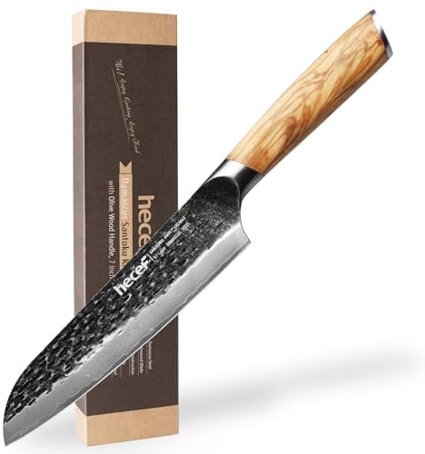 hecef Coltello Santoku Damasco, Coltelli da Cucina Professionali Coltello Giapponese, Coltelli da Chef Forgiati a Mano Professionale - 67 Strati in Acciaio Damasco 18CM