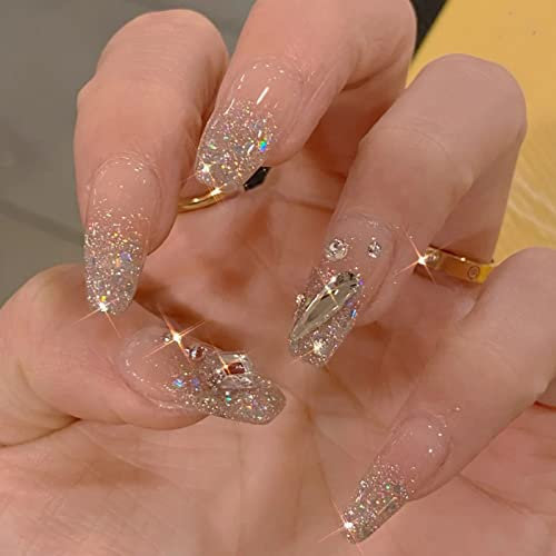 Ceboic 24Pcs Amande Faux Ongles Moyen Français Ballerine Press on Nails avec Dessin, Glossy Pleine Couverture Acrylique Ongles à Coller pour Femmes et Filles (Brillant Diamant)