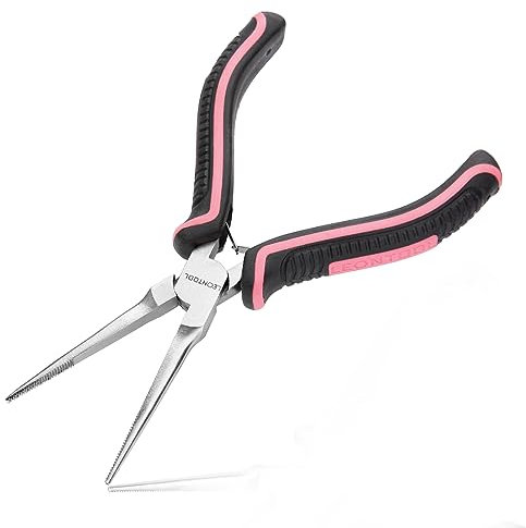 LEONTOOL Small Needle Nose Pliers for Jewelry Making with Teeth 6 Inches Mini Extra Long Needle Nose Pliers, Mini Precision Jewelry Making Supplies for Small Object Gripping, Pink Tool for Women