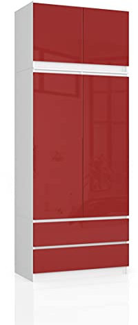 AKORD Kleiderschrank S90 mit Erweiterung 90 cm | mit 2 Türen und 2 Schubladen | Kleiderschrank mit Auszug | Geräumiger Innenraum | B90 x H234 x T51 cm | Gewicht 114,20 kg | Weiß/Rot Hochglanz