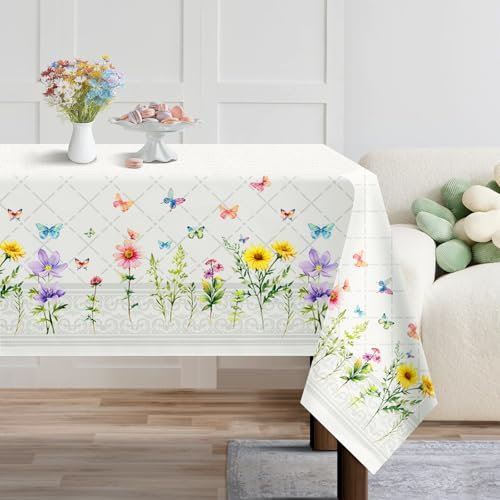 Arquiel Spring Summer Tablecloth, Retangle Vintage Butterfly Wildflower Tablecloth Waterproof, Stain Resistant Cloth Table Cover for Party Picnic Dinner Décor(152x213cm)
