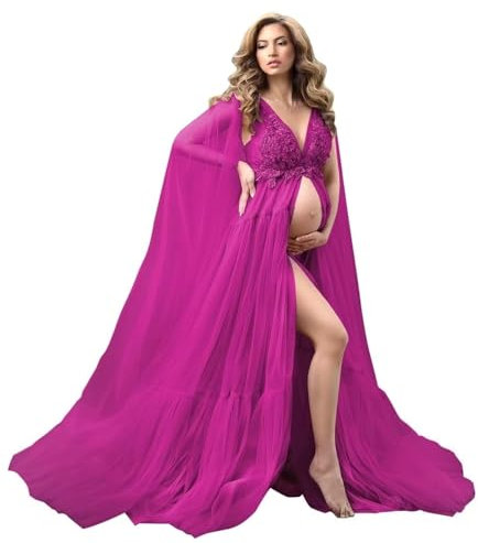 Beyonddress Blume Applique Umstandskleider Fotoshooting Mit Cape Tüll Schwangere Kleider Festlich Hochzeit Abendkleider Umstandsmode,Fuchsie,2XL