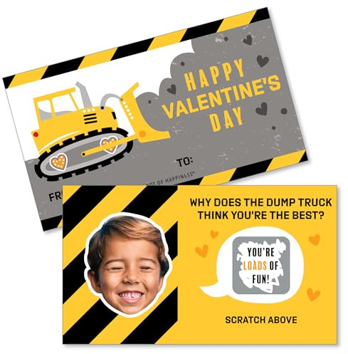 Big Dot of Happiness Custom Photo Construction Truck Valentine's Day Cards Scratch-Off Jokes, Face Cutout Valentine Jokes for Kids, Valentine's Day Classroom Exchange Funny Scratch-Off Cards, 22 Cards