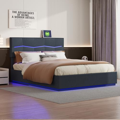 MOTUZP Polsterbett Doppelbett 180x200cm Jugendbett Gepolstertes Bett Stoffbett Stauraumbett mit Hydraulisch Boxspringbett mit LED Beleuchtun, Lattenrost (180x200CM, Schwarz)
