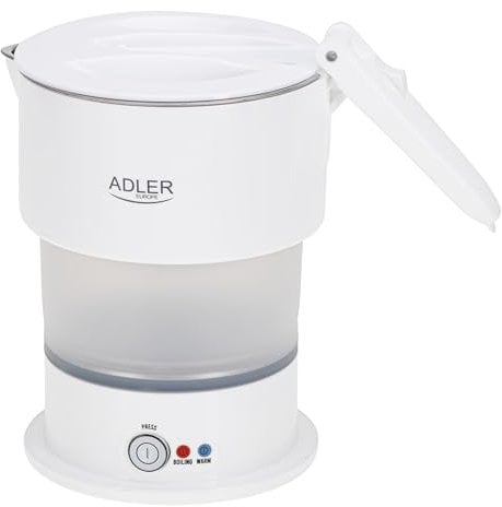 ADLER EUROPE AD 1377 Reise Wasserkocher – 0,6 L, Faltbares Silikongehäuse, Automatische Warmhaltefunktion, LED-Kontrollleuchte, Camping, Weiß