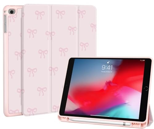 Fycyko Hülle für iPad 6./5. Generation 2018/2017,iPad 9,7 Zoll Hülle mit Stifthalter,Cute Bow Muster Trifold Ständer mit Kratzfest, Rosa Ästhetisches Schutzhülle für 6./5.Gen.