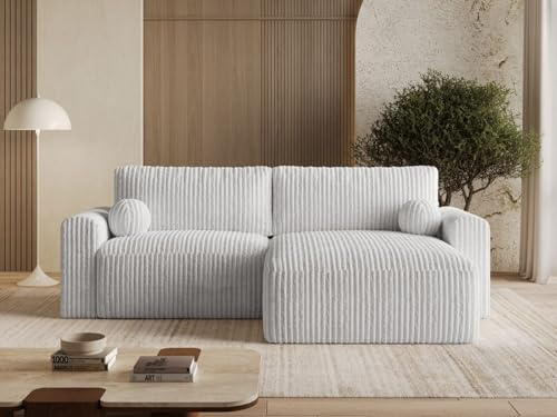 GRAINGOLD Aurora L Ecksofa modern mit Bettfunktion, 259x145 cm, L-Form Sofa, Schlafcouch für Wohnzimmer, Cord-Stoff, 3-Sitzer Eckcouch, Ecksofa mit Bettkasten (Grau)