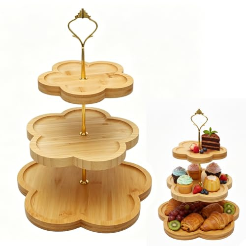 Etagere 3 Etagen Bambus, Holz-Cupcake-Ständer Blumenform-Design, Bambus-Etagere Buffet Ständer Servierständer Cupcake Tortenständer Servier-Tablett für Dessert Kuchen Käse Snacks Wurst Kekse